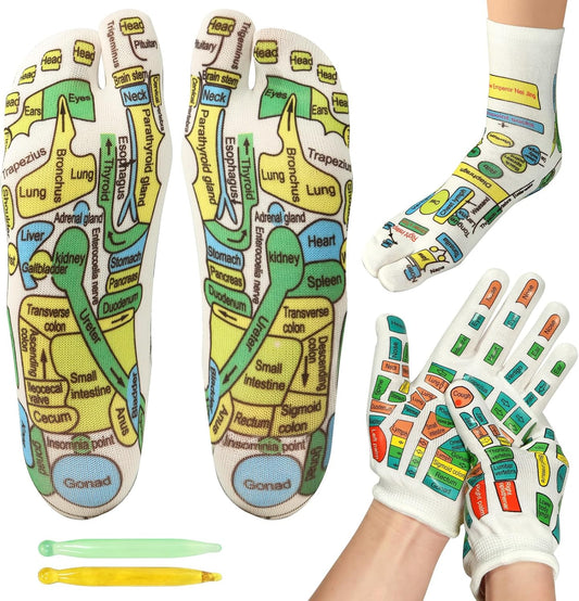 Reflexology Socks and Gloves for Hand Foot Massage, with 2 Acupressure Pens, Women'S Size - Soothing and Relaxing Therapy, Pain Relief, Improve Circulation - Health and Personal Care