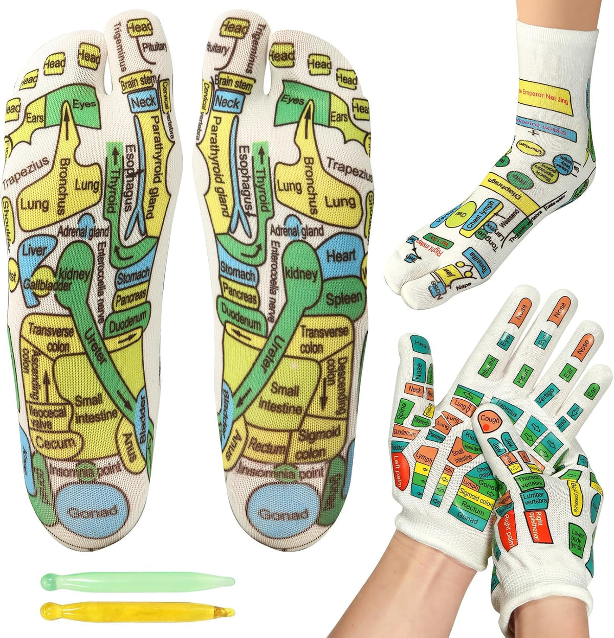 Reflexology Socks and Gloves for Hand Foot Massage, with 2 Acupressure Pens, Women'S Size - Soothing and Relaxing Therapy, Pain Relief, Improve Circulation - Health and Personal Care